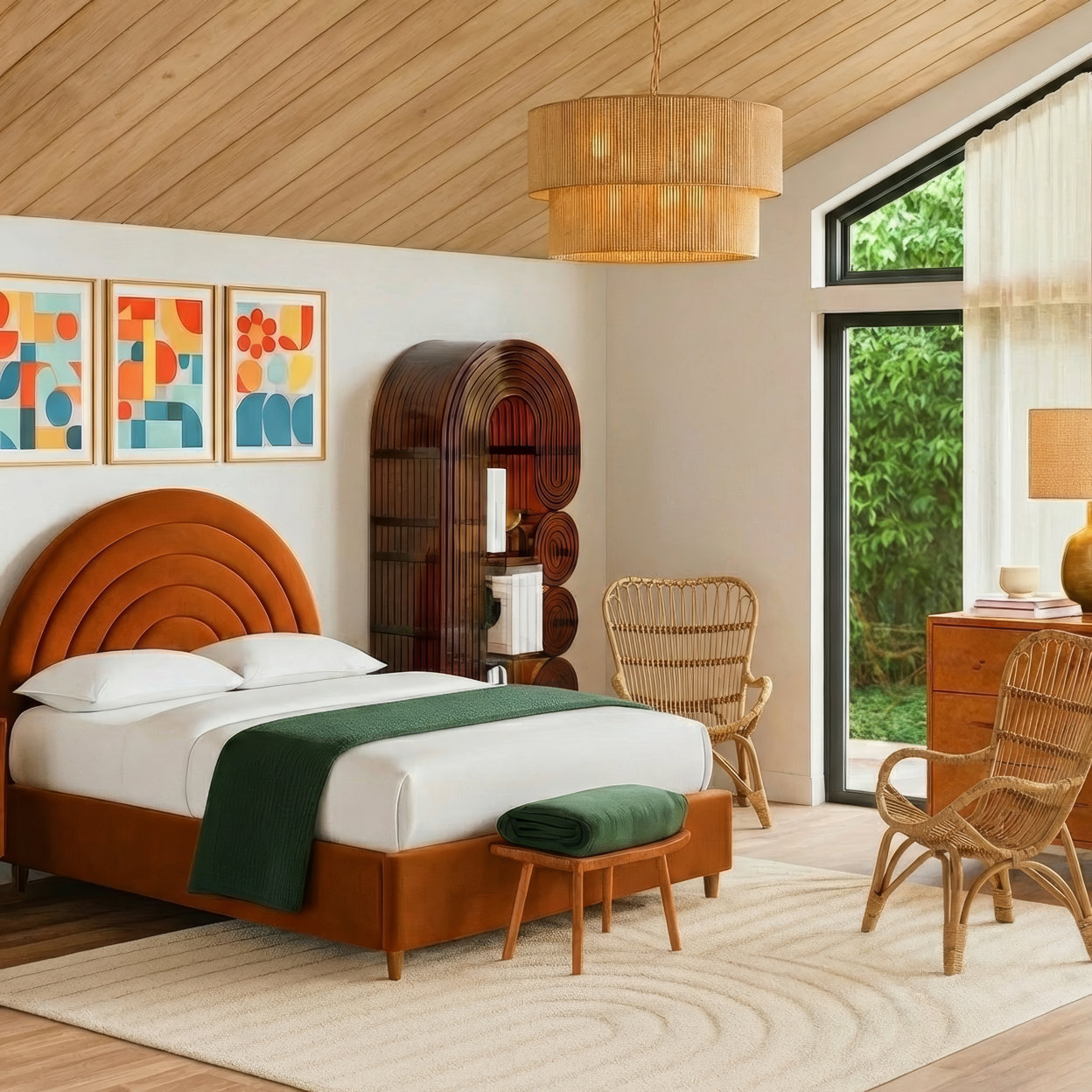 A 70s style bedroom featuring an orange arched headboard, colorful abstract wall