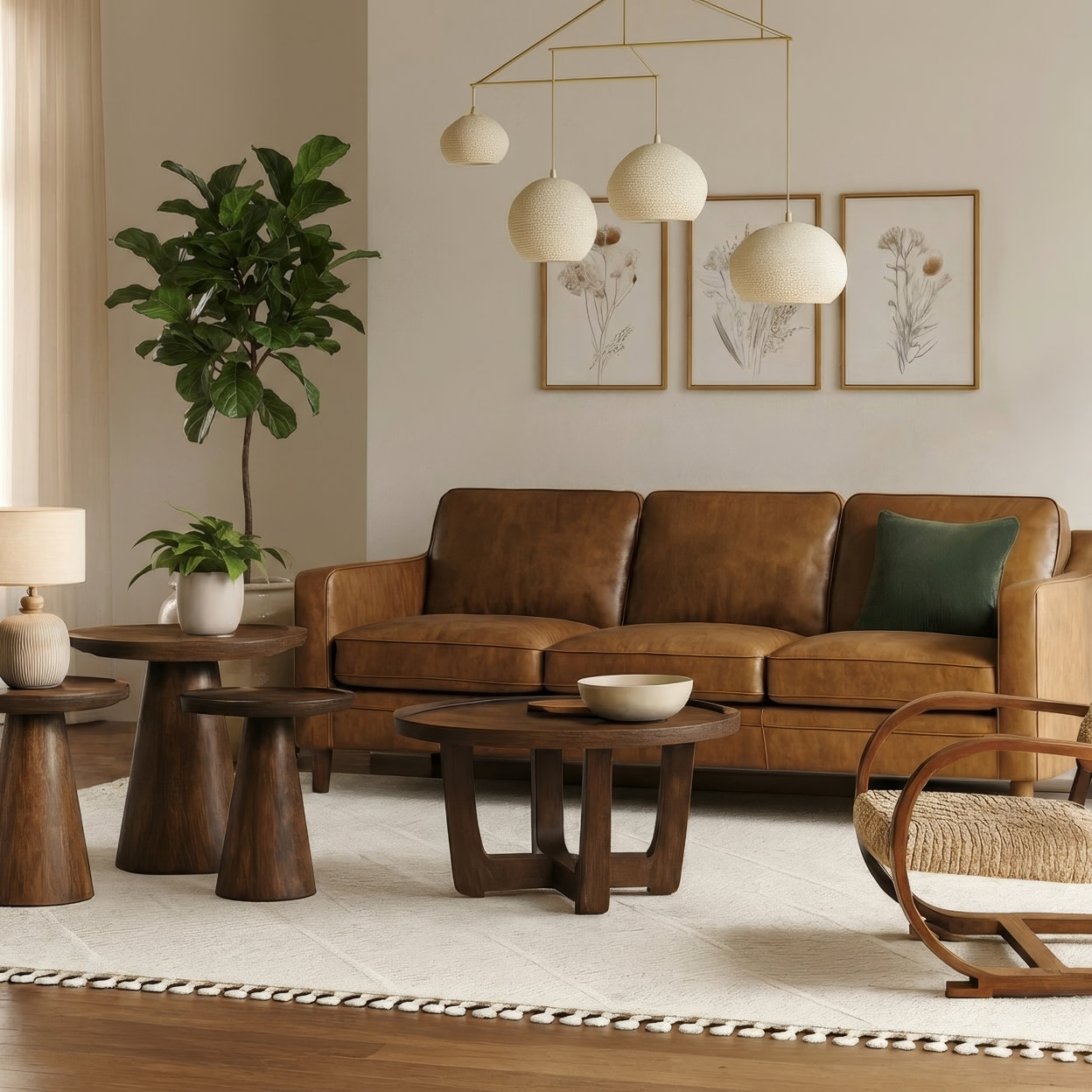Living room with brown leather sofa, assorted wooden tables, and floral wall art