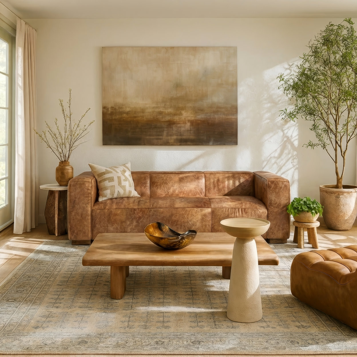 Quiet luxury style living room featuring a brown leather sofa, wooden coffee tab