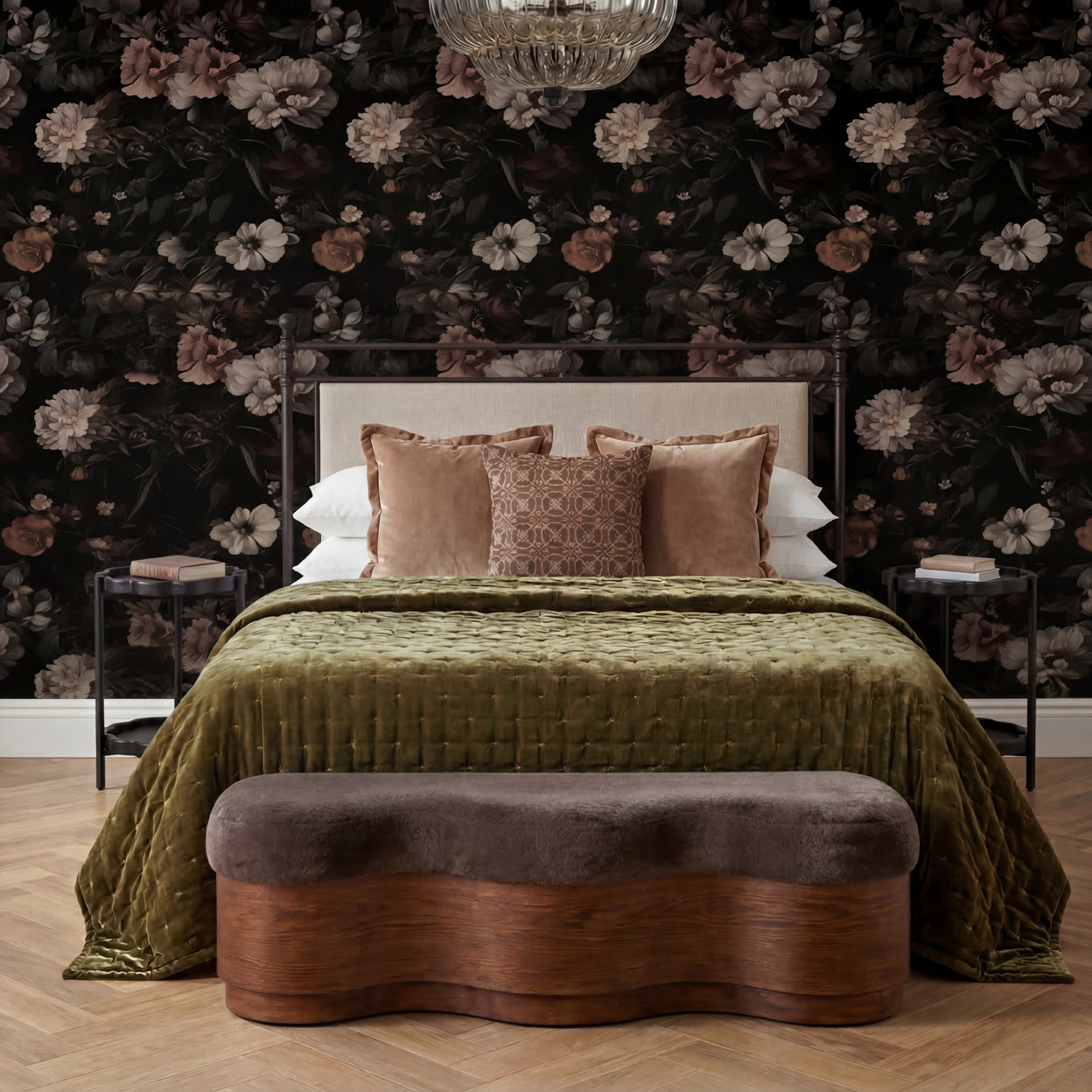 A romantic moody bedroom featuring dark floral wallpaper, an upholstered bed fra