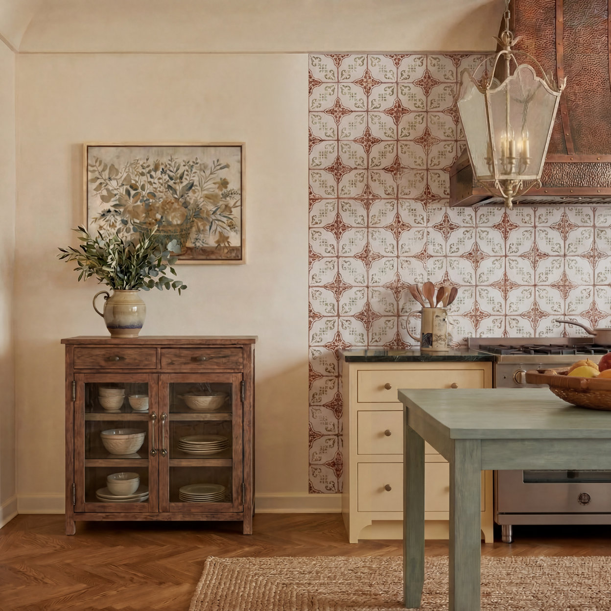 European farmhouse-style kitchen featuring a decorative tile backsplash, wooden