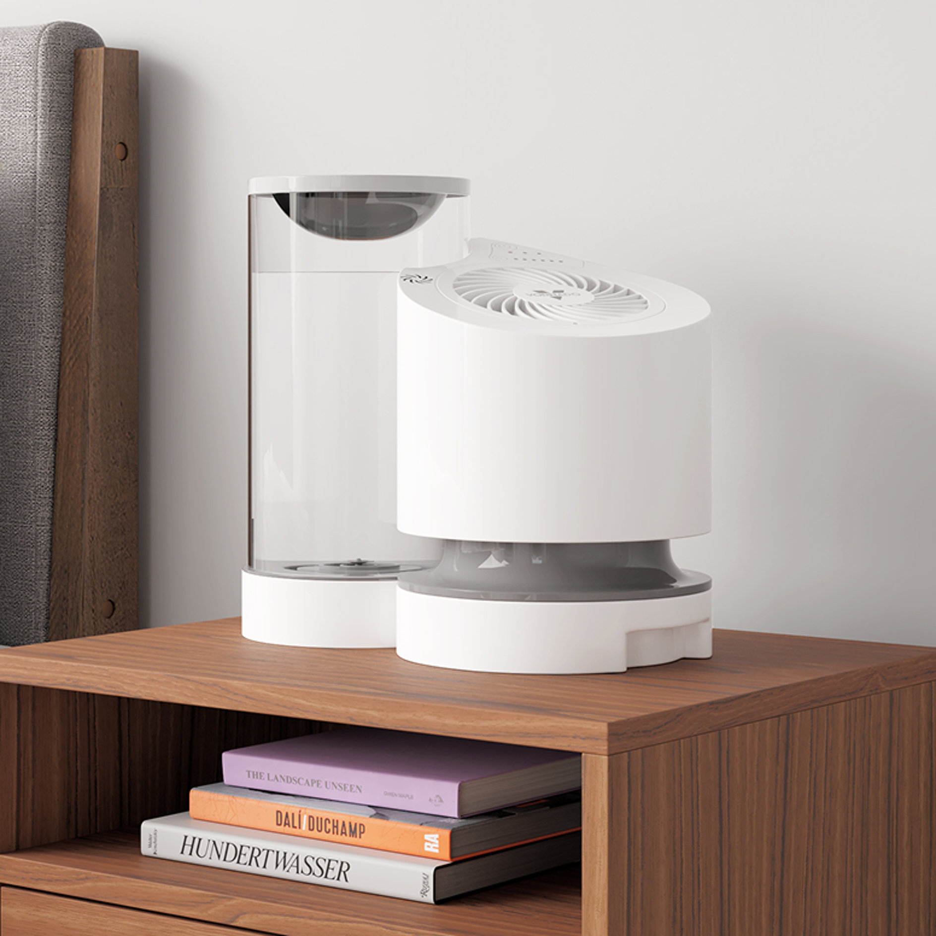 Humidifier and air purifier on a nightstand with books: The Landscape Unseen, Da